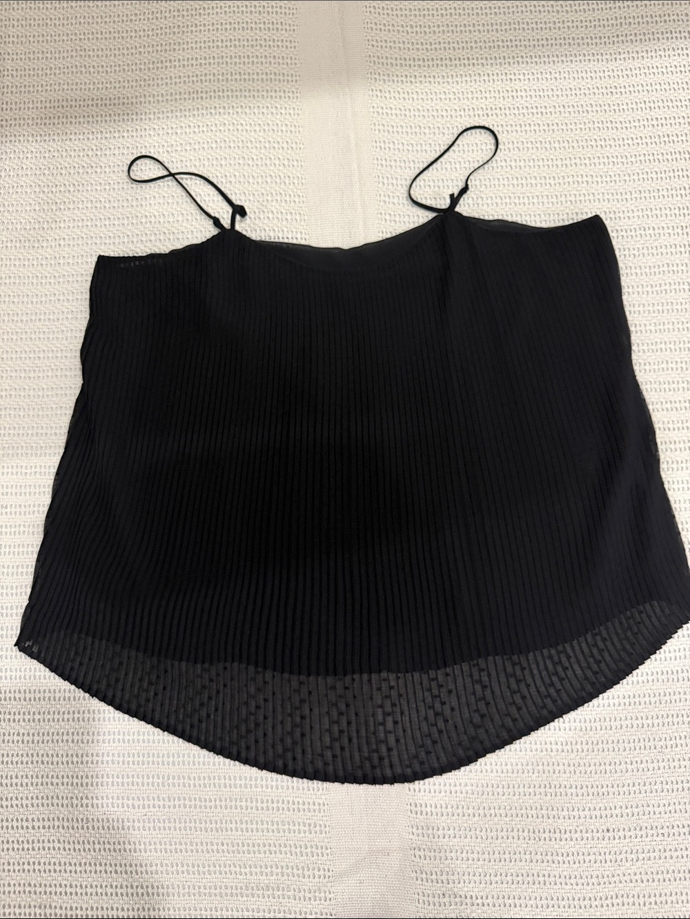 Express black plissé micro-pleated top thin spaghetti straps high-low hemline